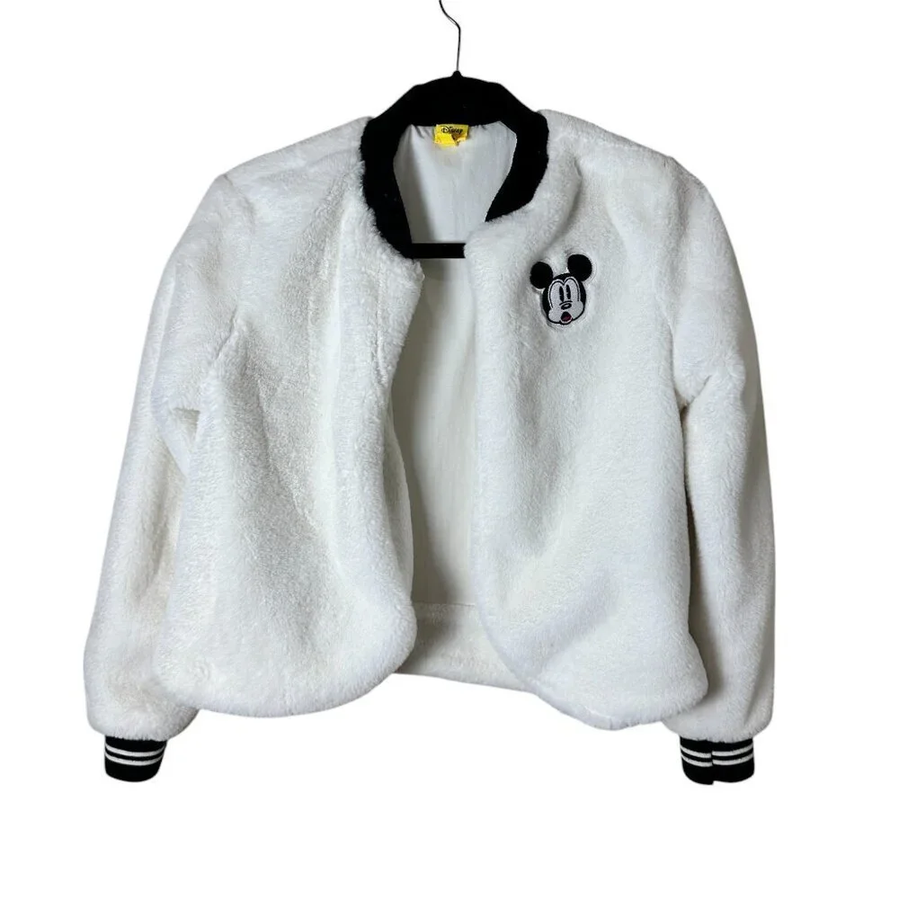 DISNEY White Faux Fur Mickey Bomber Jacket Coat Size Small - Picture 2 of 10